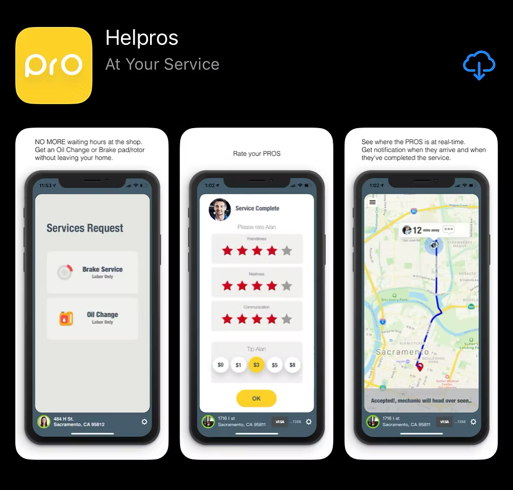 The Helpros App Store listing: the yellow icon, the subtitle At Your Service, and three screenshots showing a service request, rating a pro, and tracking a pro on the map.