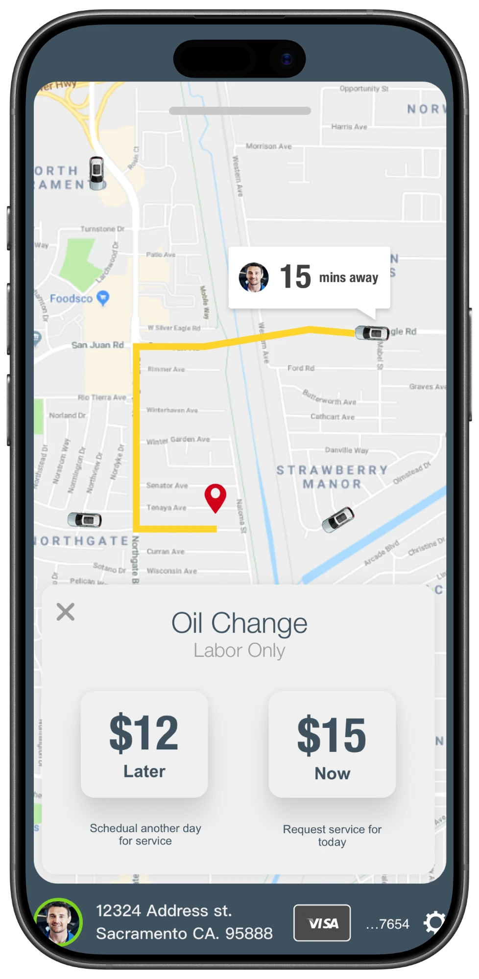 Oil change on the map: the nearest pro is 15 minutes away, $12 later or $15 now