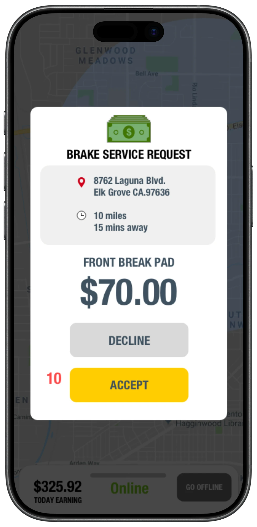 Brake service request: $70.00, 15 mins away