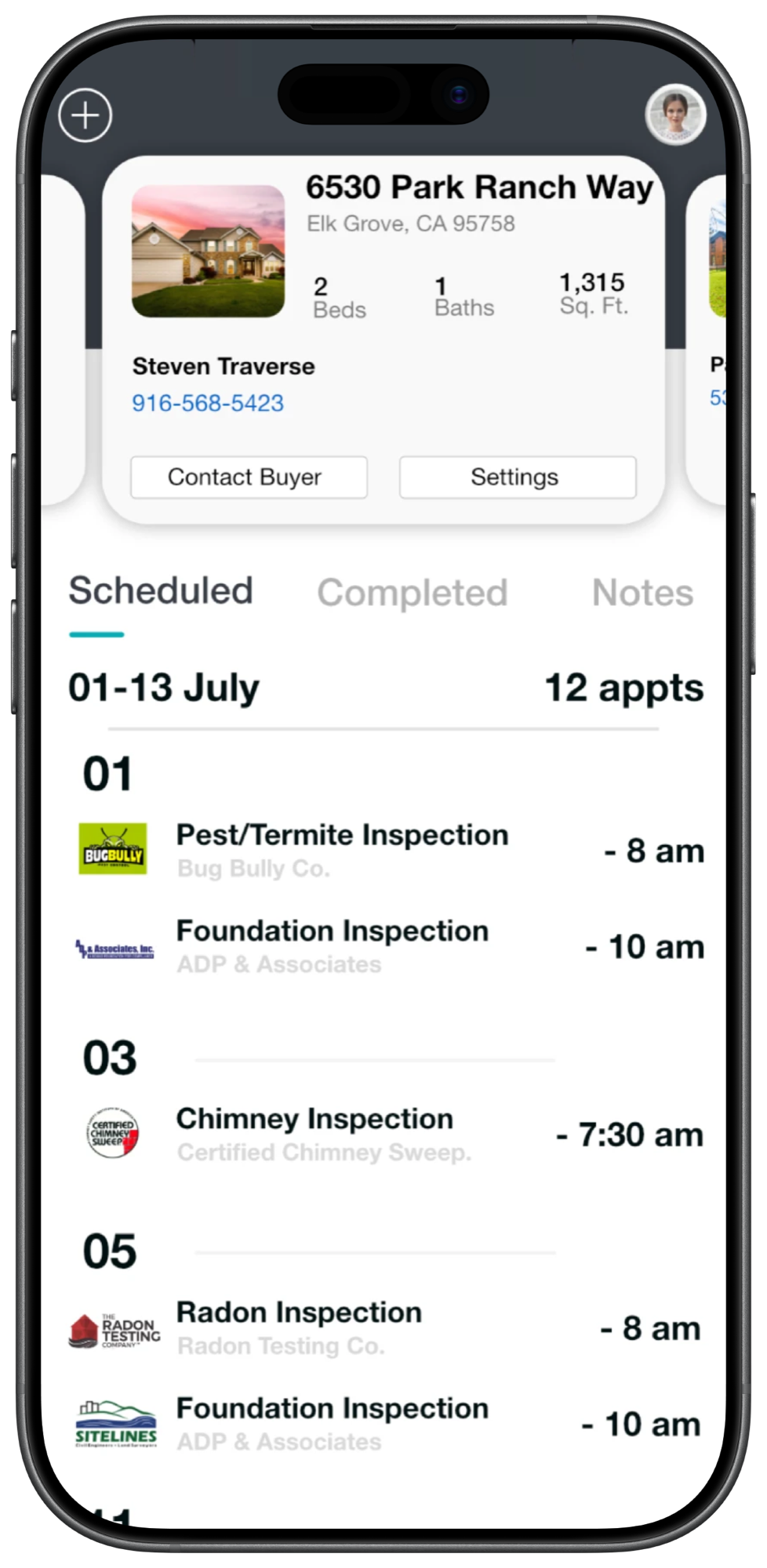 A property’s scheduled inspections, with the companies doing them