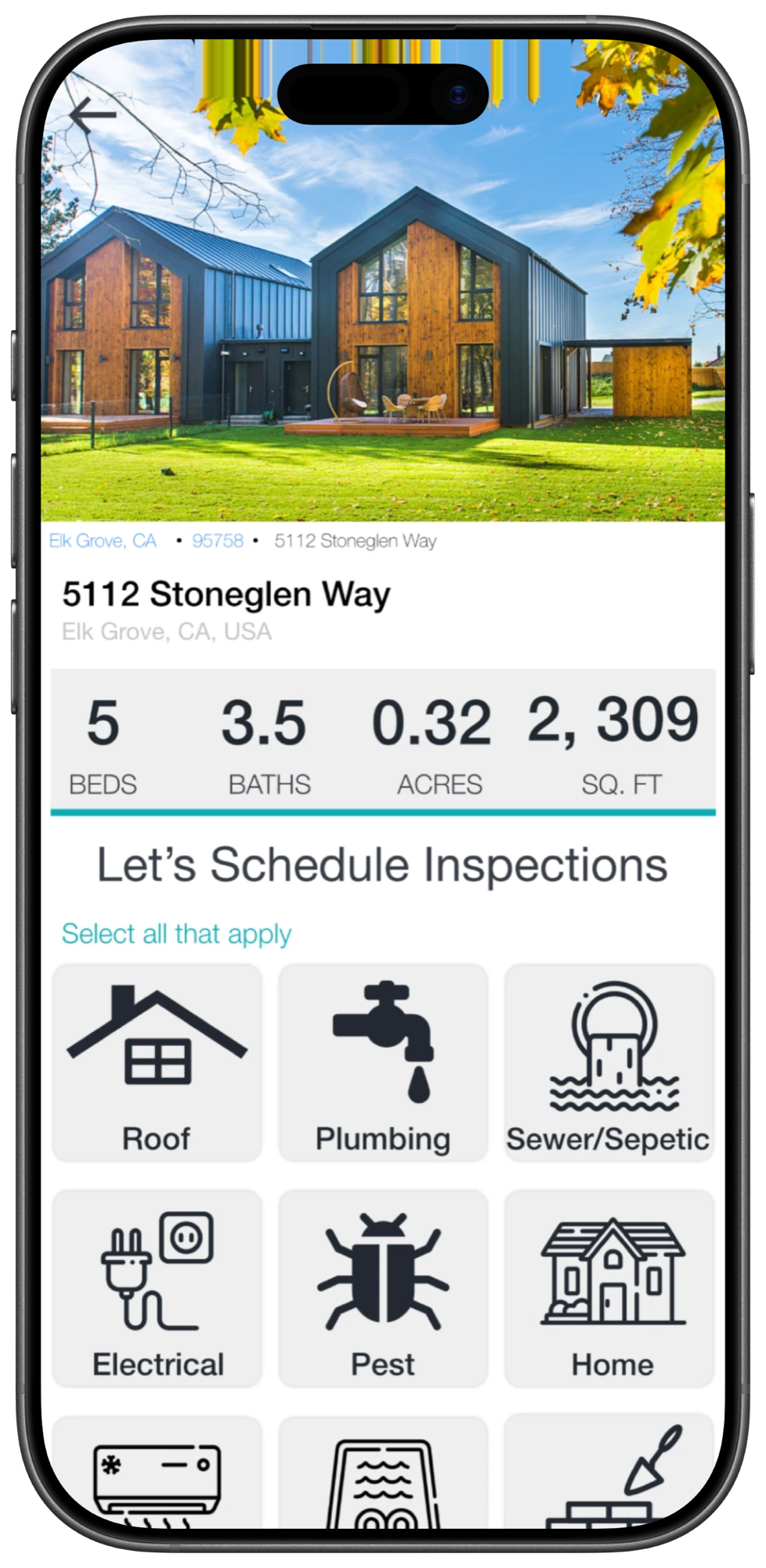 A property in Elk Grove with its size, and the inspections an agent can schedule on it