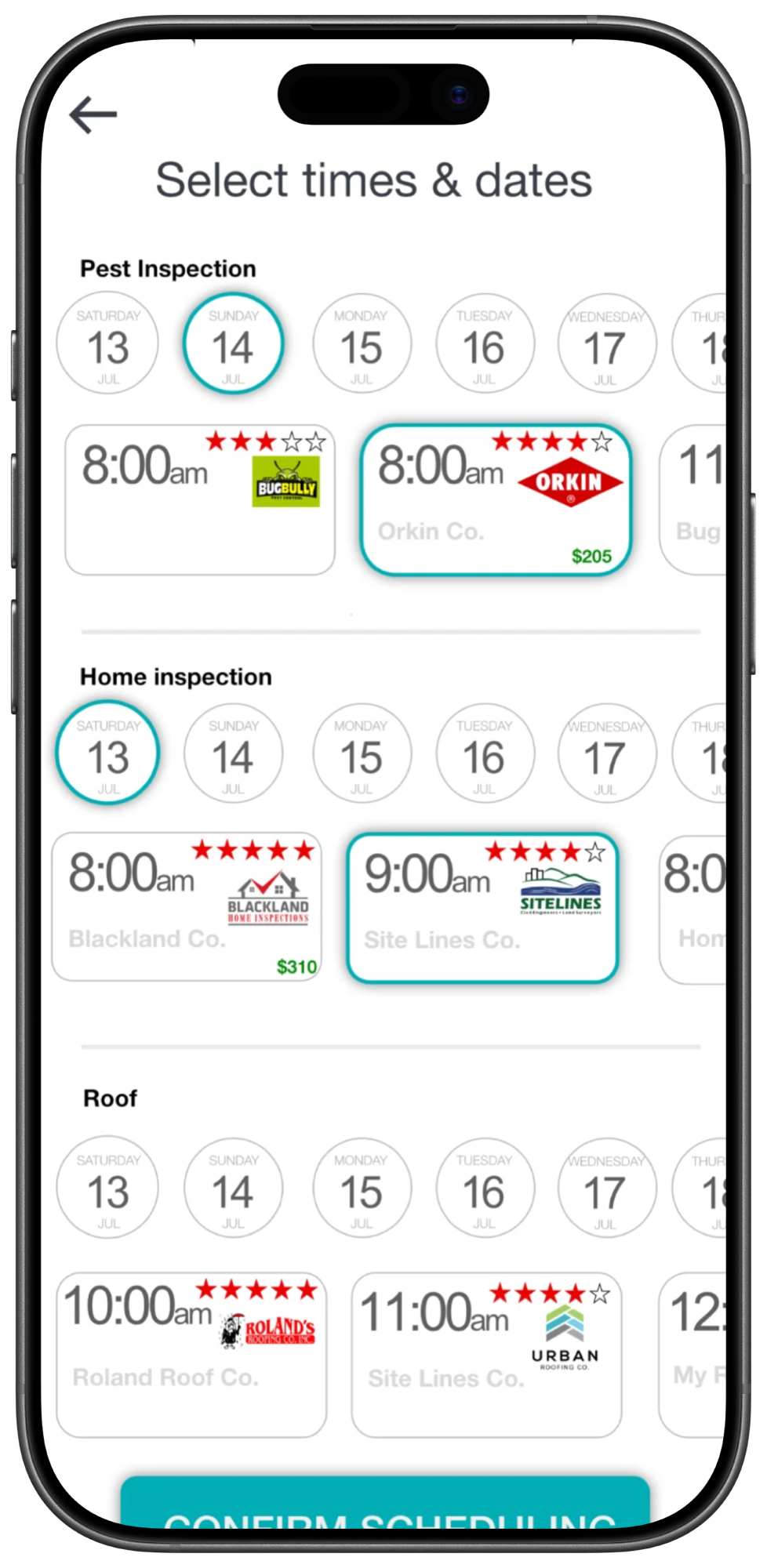 Choosing times and companies, with prices and ratings