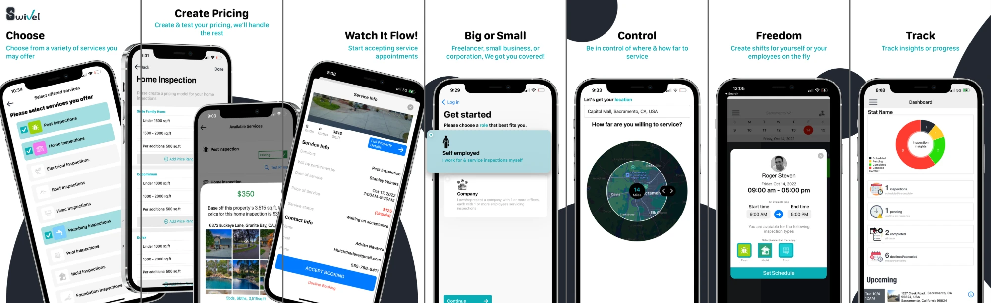 Seven App Store preview panels: Choose, Create Pricing, Watch It Flow, Big or Small, Control, Freedom and Track.