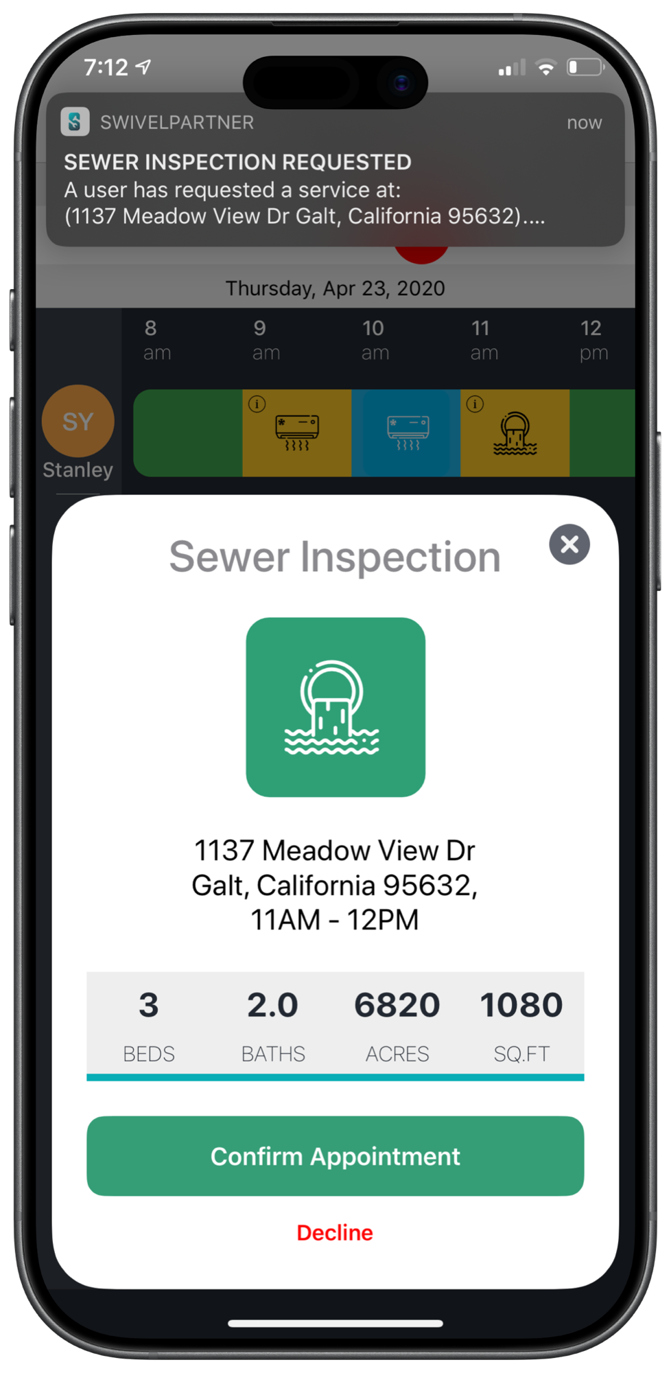 A sewer inspection request arriving by push, with confirm and decline