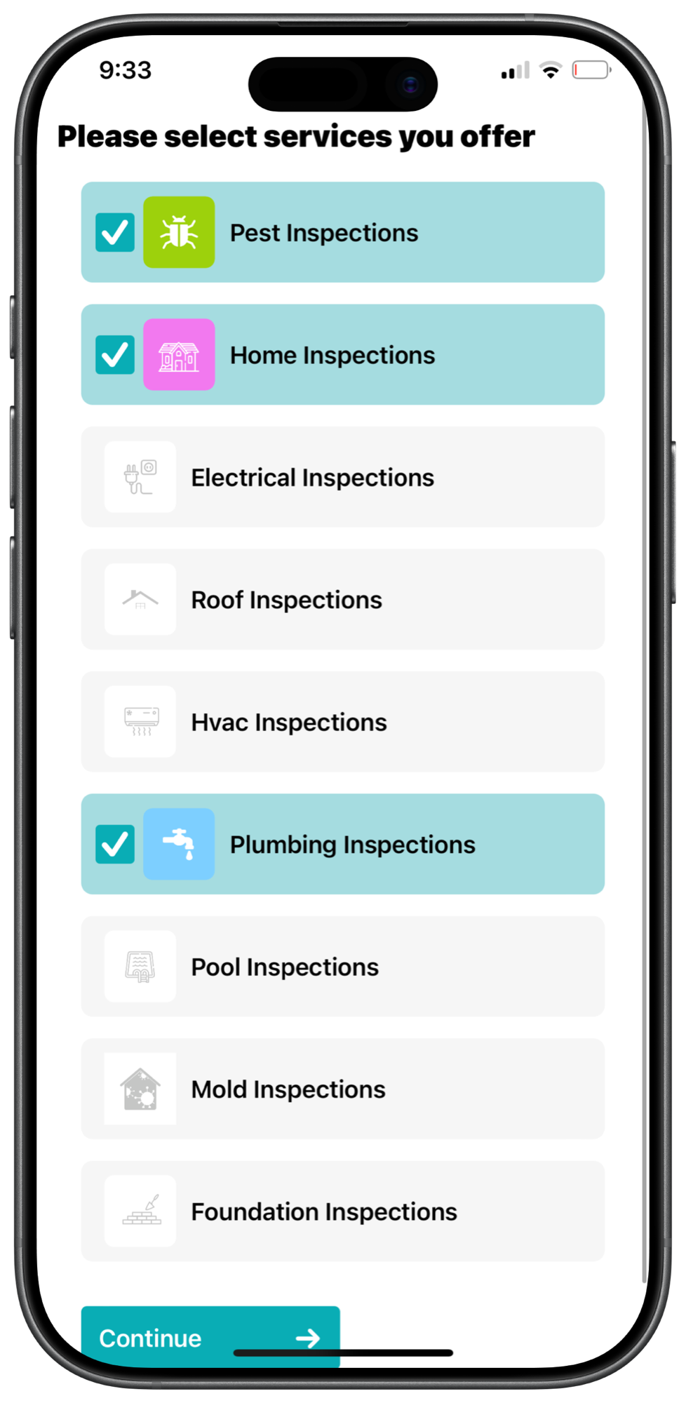 Select the services you offer: pest, home and plumbing inspections ticked