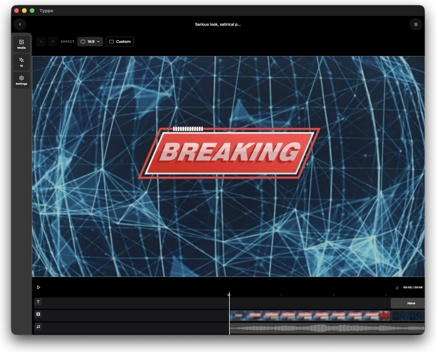 The Typpo editor in a Mac window: a scene on the canvas, the timeline of sequences underneath