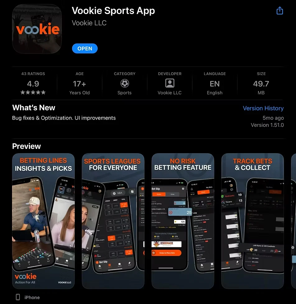 The Vookie Sports App listing on the App Store: the icon, 4.9 stars from 43 ratings, 17+, Sports, Vookie LLC, version 1.51.0, and the five preview panels