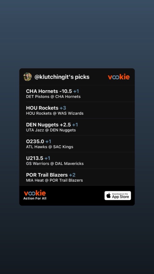 A share card: @klutchingit’s picks, six NBA lines, with the Vookie wordmark and an App Store badge