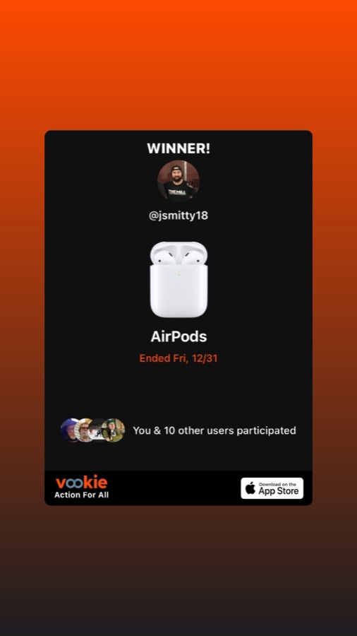 A share card: Winner, @jsmitty18, AirPods, ended Friday 12/31, you and 10 other users participated